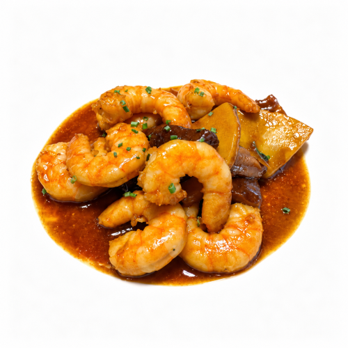 Gambas con bambú y setas